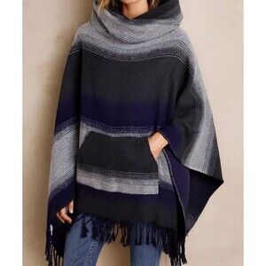 Free People Hooded Poncho One Size Gray Navy Stripe Fringe Boho Cape Wrap